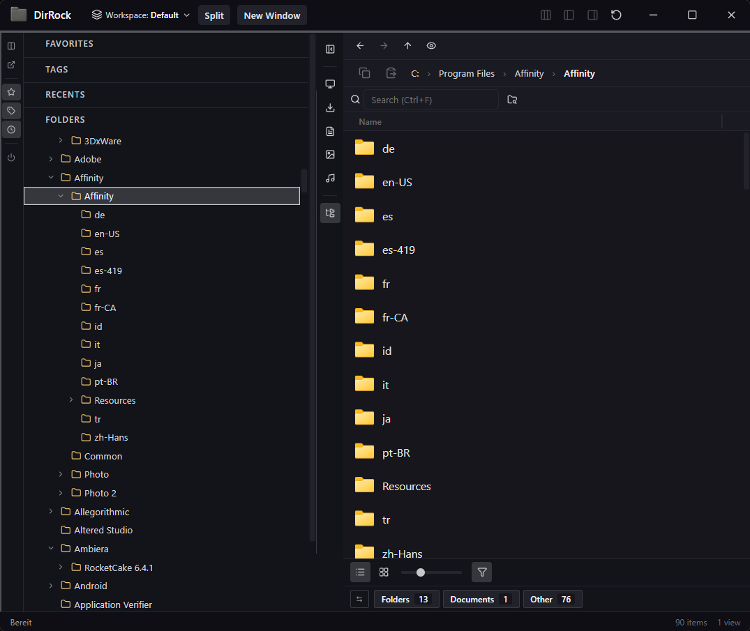 DirRock main window with sidebar showing favorites, tags, recents and a folder tree, plus the file list of an Affinity install folder.